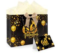 WALLFID Bolsa de regalo de cumpleaños negra y dorada, envoltorio elegante con tarjeta, 2 hojas de papel de seda de 50 x 70 cm y cinta, para fiesta, sorpresa y amigos (60. Geburtstag)