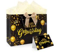 WALLFID Bolsa de regalo de cumpleaños negra y dorada, envoltorio elegante con tarjeta, 2 hojas de papel de seda de 50 x 70 cm y cinta, para fiesta, sorpresa y amigos (Allgemein)