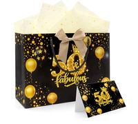 WALLFID Bolsa de regalo de cumpleaños negra y dorada, envoltorio elegante con tarjeta, 2 hojas de papel de seda de 50 x 70 cm y cinta, para fiesta, sorpresa y amigos (50. Geburtstag)