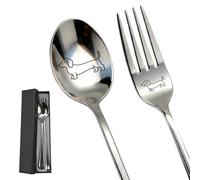 WALLFID Cadeaux Teckel Set Fourchette et Cuillère, Cuillère à Café et Fourchette à Gâteau avec Motif Teckel, Ensemble de Couverts en Acier Inoxydable pour Femmes, Hommes et Amoureux des Chiens