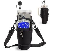 WALLFID Pochette Bouteille Eau pour Stanley 40oz Cup,avec Sangle Ajustable et Poche pour Téléphone,Porte Gourde Sac à Dos avec Couverture de Paille & Mousqueton,pour la Marche et Le Fitness (Noir)