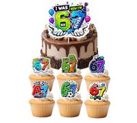 WALLFID Six Seven Cake Topper Anniversaire, Set de Décoration Gâteau 6-7 avec 1 Grand Topper et 12 Drapeaux Cupcake, Décoration Gâteau Anniversaire Garçon, Thème Meme 67