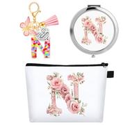 WALLFID Trousse de Toilette Personnalisée avec Lettres, Trousse de Maquillage avec Miroir & Porte-clés Motivant, Initiales A-Z, Idéale comme Cadeau pour Filles, Femmes & Demoiselles d'honneur (N)