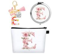 WALLFID Trousse de Toilette Personnalisée avec Lettres, Trousse de Maquillage avec Miroir & Porte-clés Motivant, Initiales A-Z, Idéale comme Cadeau pour Filles, Femmes & Demoiselles d'honneur (E)