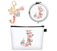 WALLFID Trousse de Toilette Personnalisée avec Lettres, Trousse de Maquillage avec Miroir & Porte-clés Motivant, Initiales A-Z, Idéale comme Cadeau pour Filles, Femmes & Demoiselles d'honneur (J)