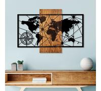 Wallity, World Map 3-M, Accessoire mural décoratif en bois, 100 % BOIS / MÉTAL, noyer, 57 x 84 cm