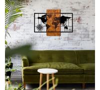 Wallity, World Map With Compass, décoration murale, noyer, métal, 58 x 85 cm