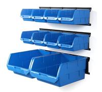 Wallmaster Bacs de rangement muraux, bacs de rangement muraux pour pièces, 10 bacs et 3 rails, support mural, organisateur d'outils (bleu)