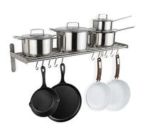 Wallniture Lyon Étagère murale en acier inoxydable avec 10 crochets en S pour suspendre casseroles et poêles Chromé