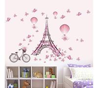 Wallpark Romantique Rose Papillon Paris Tour Eiffel Fleur Montgolfière Amovible Stickers Muraux Autocollants, Enfants Bébé Chambre Pépinière DIY Décoratif Adhésif Stickers Mural