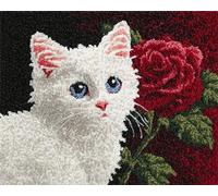 Wallphantom animal Kit de Tapis de Crochet à Point Noué Set,Un chat et des fleurs,Tapis à Point noué Loquet Bricolage,Création de Crocher pour Adultes et Enfants,60x90cm