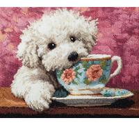 Wallphantom animal Kit de Tapis Point Noué,Un chien blanc et une tasse de thé,Crochet à Loquet pour Bricolage,Décoration d'Intérieur,Fabrication de Coussin,Kit à la Main,52x38cm