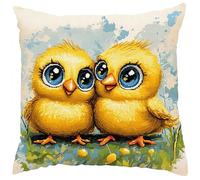 Wallphantom Animaux de dessins animés 11CT Coussin Point De Croix Kit,Deux poussins aux grands yeux,Kits De Points De Croix Imprimés Pour Adultes,Taie D'Oreiller Brodé À La Main,45x45cm