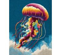 Wallphantom animaux marins Kit Tapis Point Noué à Faire,méduses colorées,Kits de Crochet de Loquet,Tapis De Sol Kit De Broderie,Noué à Nouer Soi-Même Kits pour Adultes,52x38cm