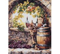 Wallphantom Canevas Broderie Point de Croix Kit Complet Adulte,Verre à vin rouge de cave à vin rurale,Pré Imprimé Kit de broderie,11CT Cross Stitch Loisirs Créatifs Set,40x50cm