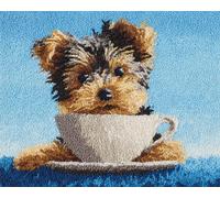 Wallphantom Chien animal DIY Craft Latch Hook Rug Kit,Chien mignon et tasse de thé,Latch Hook Kits for Adults,Printed Unfinished Rug DIY Crochet Christmas Rug Making,55x75cm