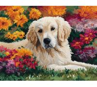 Wallphantom Chien animal Kit de fabrication de tapis pour adultes,Golden retriever en fleurs,DIY Craft Latch Hook Rug Kit,Cushion Knitting Patterns Printed Decorations Home Gift,90x120cm