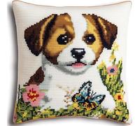 Wallphantom Chien animal Kit DIY Coussin Point de Croix,Jack Russell terrier en fleurs,Broderie Imprimée pour Adultes,Taie d’Oreiller Brodée à la Main,Noël,Cadeau d'anniversaire,45x45cm