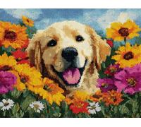 Wallphantom Chien animal Kit Tapis Point Noué à Faire,Golden retriever en fleurs,Kits de Crochet de Loquet,Tapis De Sol Kit De Broderie,Noué à Nouer Soi-Même Kits pour Adultes,90x120cm