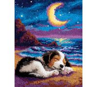 Wallphantom Chien animal Kits de Crochet de Loquet Point de Croix Kit,Chiot dormant sous la lune,CréAtion de Tapis,Tapis Point Noué à Faire,Latch Hook Kit de Tapisserie pour Adultes,80x160cm