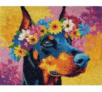 Wallphantom Chien animal Tapis Kit Tricot Débutants,Doberman Pinscher en fleurs,Diy Latch Hook Rug,Kit De Crochet Fabrication De Tapis Avec Toile Imprimée,Décoration de La Maison Cadeau,80x115cm