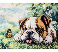 Wallphantom chien et papillon Canevas Broderie Point de Croix Kit,Herbe de bouledogue anglais,Broderie Point de Croix Imprimé adulte,11CT Cross Stitch Loisirs Créatifs Set,40x50cm