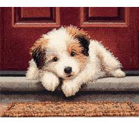 Wallphantom DIY Craft Latch Hook Rug Kit,chien couché sur le seuil,Latch Hook Kits for Adults,Printed Unfinished Rug DIY Crochet Christmas Rug Making,52x38cm