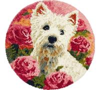 Wallphantom DIY Craft Latch Hook Rug Kit,Terrier blanc de l'Ouest et fleur de rose,Latch Hook Kits for Adults,Printed Unfinished Rug DIY Crochet Christmas Rug Making,50x50cm