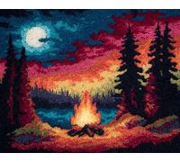 Wallphantom DIY Craft Latch Hook Rug Kit,vue nocturne sur le feu de joie en forêt,Latch Hook Kits for Adults,Printed Unfinished Rug DIY Crochet Christmas Rug Making,80x115cm