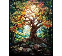 Wallphantom Grand arbre Kits de Peinture au Numéro pour Débutants,Style de vitrail,Peinture Numero Adulte Bricolage Peintures Kits pour la décoration de la Maison,40x50cm avec cadre
