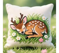Wallphantom Kit Coussin Point de Croix,Cerf sika dormant dans l'herbe,Coussin à Broder Artisanal,45x45cm Points De Croix Pour Adultes, avec Fil et Aiguille à Broder