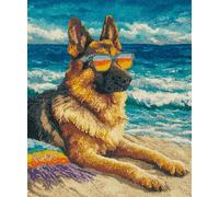 Wallphantom Kit de fabrication de tapis pour adultes,Berger allemand sur la plage,DIY Craft Latch Hook Rug Kit,Cushion Knitting Patterns Printed Decorations Home Gift,80x115cm