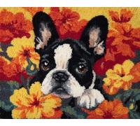 Wallphantom Kit de fabrication de tapis pour adultes,Bouledogues français et fleurs,DIY Craft Latch Hook Rug Kit,Cushion Knitting Patterns Printed Decorations Home Gift,60x90cm