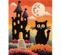 Wallphantom Kit de fabrication de tapis pour adultes,Chat animal d'Halloween,DIY Craft Latch Hook Rug Kit,Cushion Knitting Patterns Printed Decorations Home Gift,52x38cm