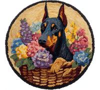 Wallphantom Kit de fabrication de tapis pour adultes,Doberman Pinscher dans un panier à fleurs,DIY Craft Latch Hook Rug Kit,Cushion Knitting Patterns Printed Decorations Home Gift,50x50cm