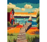 Wallphantom Kit de fabrication de tapis pour adultes,Maisons au bord du lac,DIY Craft Latch Hook Rug Kit,Cushion Knitting Patterns Printed Decorations Home Gift,90x120cm