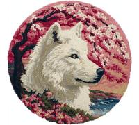 Wallphantom Kit de Tapis à Crochet à Nouer Bricolage,Loup blanc sous le cerisier en fleurs,Kit de Fabrication de Tapis pour Adultes Enfants,Point de Croix Décoration de La Maison,50x50cm