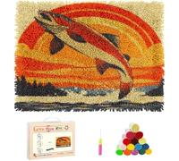 Wallphantom Kit de Tapis à Crochet à Nouer Bricolage,Truite sautant hors de l'eau au coucher du soleil,Kit de Fabrication de Tapis pour Adultes Enfants,Point de Croix Décoration de La Maison,80x115cm