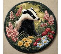 Wallphantom Kit de Tapis de Crochet à Point Noué,Blaireau dans les buissons de fleurs,Coussin au Crochets à Loquet Bricolage,Modèle de couleur pré-imprimé,artisanat créatif Cadeaux,50x50cm