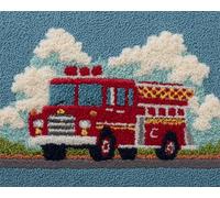 Wallphantom Kit de Tapis de Crochet à Point Noué Set,Camion de pompiers de dessin animé,Tapis à Point noué Loquet Bricolage,Création de Crocher pour Adultes et Enfants,52x38cm