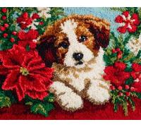 Wallphantom Kit de Tapis de Crochet à Point Noué Set,Fleurs de Noël et chiots,Tapis à Point noué Loquet Bricolage,Création de Crocher pour Adultes et Enfants,80x115cm