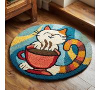 Wallphantom Kit de Tapis de Crochet à Point Noué Set,Le chat qui boit du café,Tapis à Point noué Loquet Bricolage,Création de Crocher pour Adultes et Enfants,50x50cm