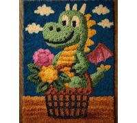 Wallphantom Kit de Tapis de Crochet à Point Noué Set,Le petit dinosaure dans le panier de fleurs,Tapis à Point noué Loquet Bricolage,Nouer Création de Crocher pour Adultes,90x120cm