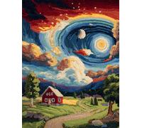 Wallphantom Kit de Tapis de Crochet à Point Noué,Village sous un ciel étoilé,Coussin au Crochets à Loquet Bricolage,Modèle de couleur pré-imprimé,artisanat créatif Cadeaux,80x160cm