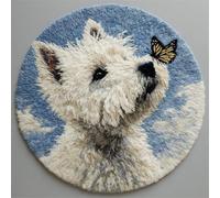 Wallphantom Kit de Tapis Point Noué,Terrier blanc de l'Ouest et papillon,Crochet à Loquet pour Bricolage,Décoration d'Intérieur,Fabrication de Coussin,Kit à la Main,50x50cm