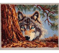Wallphantom Kit Tapis Point Noué à Faire,Animal Loup,Kits de Crochet de Loquet,Tapis Noué à Nouer Soi-Même pour Adultes Débutants,Latch Hook Rug,52x38cm
