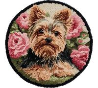 Wallphantom Kit Tricot Debutant Tapis Kit De Bricolage,Yorkshire Terrier et Rose,Pour Adultes Bricolage Artisanat Loquet Crochet Tapis Ensemble Tapisserie,50x50cm