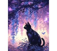 Wallphantom Kits de point de croix pour adultes,Un chat noir sous la glycine,canevas point de croix,debutant broderie point de croix imprimé,décoration murale,16x20in