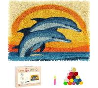 Wallphantom Latch Hook Rug Kit,Dauphins sautant au coucher du soleil,Printed Canvas Rug Latch Hook Kits,DIY Home Decor,Handmade Needlework Crafts for Adults Beginners,80x115cm