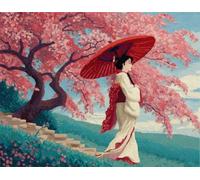 Wallphantom Latch Hook Rug Kit,Femme japonaise sous un cerisier en fleurs,Printed Canvas Rug Latch Hook Kits,DIY Home Decor,Handmade Needlework Crafts for Adults Beginners,52x38cm